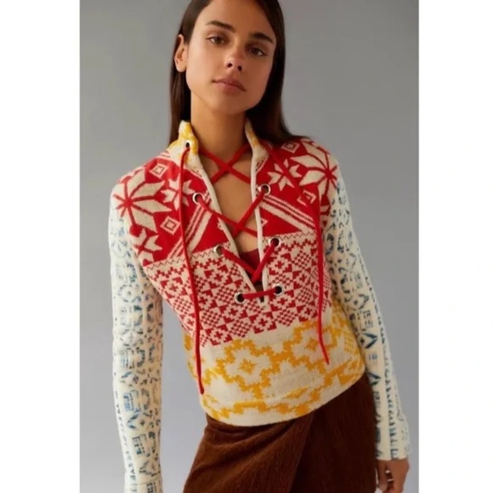 Lace-Up Patterned Knit Sweater in Red, Yellow & Cream